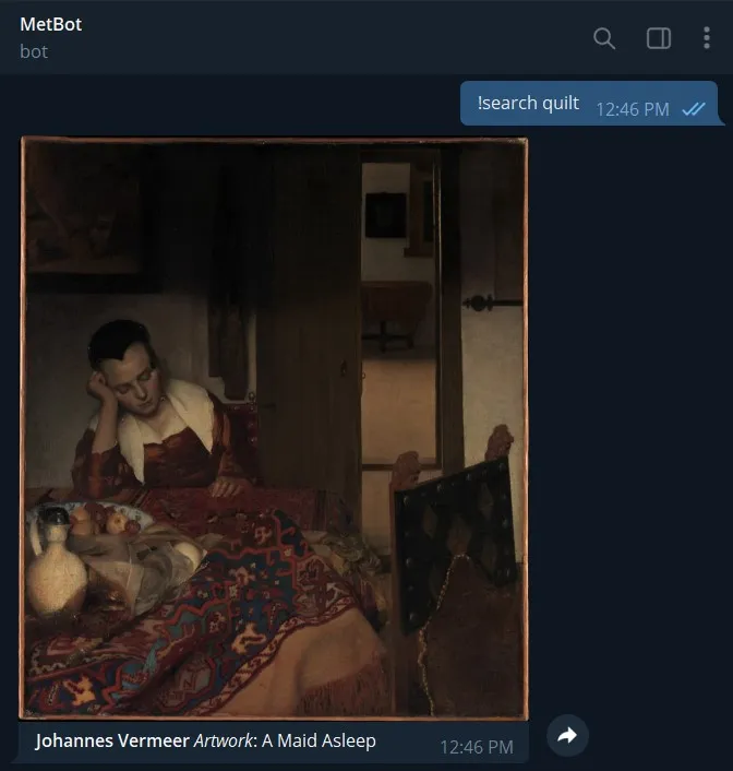 Telegram bot displaying an image from the Met's collection based on search query