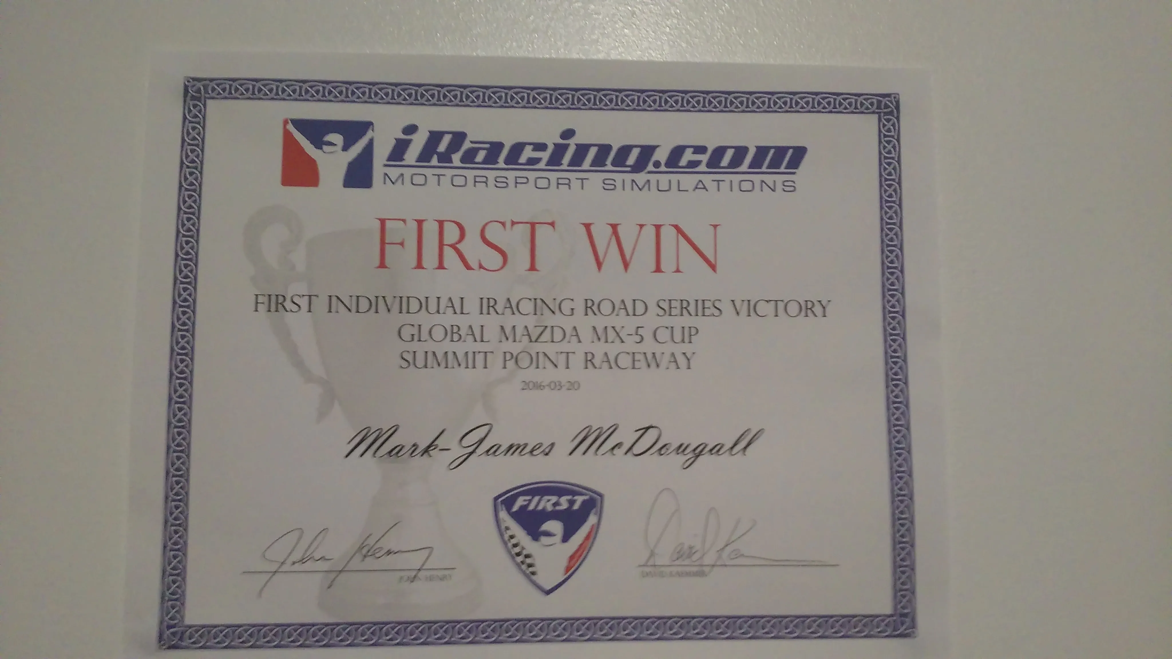 Photo of my iRacing first win certificate